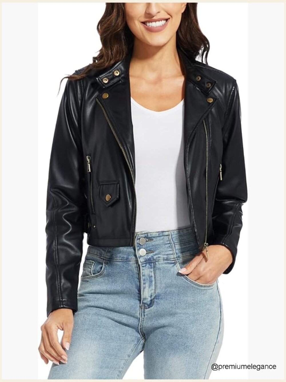 Fitted Faux Leather Motorcycle Jacket, Zip-Up Slim Coat for Women